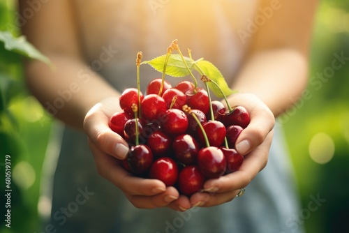 Ripe cherries in woman hands on the green garden background © dashtik