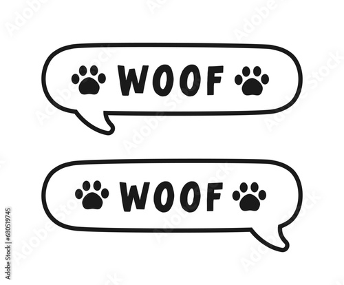 Woof text in a speech bubble balloon outline doodle set. Cute cartoon comics dog bark sound effect and lettering. Vector illustration.