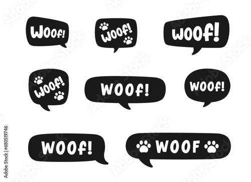 Woof text in a speech bubble balloon silhouette set. Cute cartoon comics dog bark sound effect and lettering. Vector illustration.
