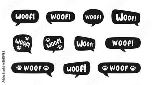Woof text in a speech bubble balloon silhouette set. Cute cartoon comics dog bark sound effect and lettering. Vector illustration. photo