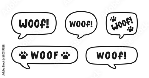Woof text in a speech bubble balloon outline doodle set. Cute cartoon comics dog bark sound effect and lettering. Vector illustration.
