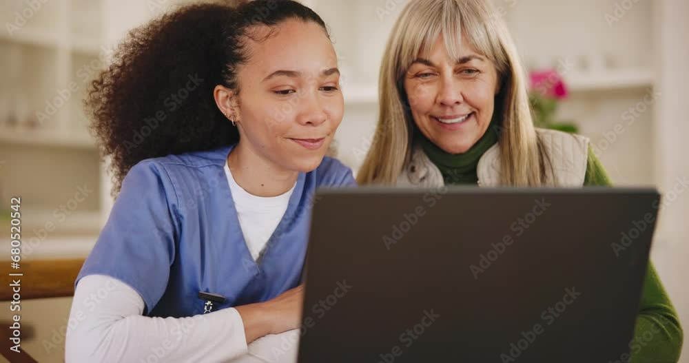 Results, laptop or caregiver consulting a senior woman for advice, health checkup or history in retirement. Nurse talking, medical doctor or happy mature patient speaking of nursing help online Results, laptop or caregiver consulting a senior woman for advice, health checkup or history in retirement. Nurse talking, medical doctor or happy mature patient speaking of nursing help online