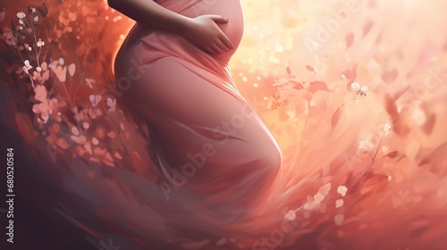 Pregnant woman holds her belly in dreamlike enchanting flower garden exudes joy of motherhood, radiating tenderness and femininity, profound connection between mother and her unborn child