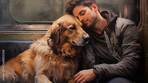 A man and his dog on a train. A sleepy man and a dog on his lap. A dog is man's friend. Travel with your pet, going for a walk or back home