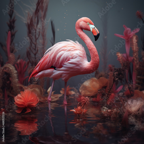 Image of a pink flamingo In the swamp and beautiful flowers. Birds. Wildlife Animals.