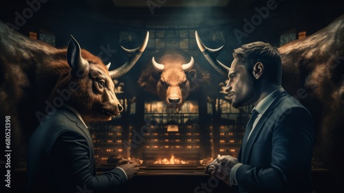 Bull versus bear in suits facing each other, trading on forex concept. Bullish vs bearish trend  © Jalal