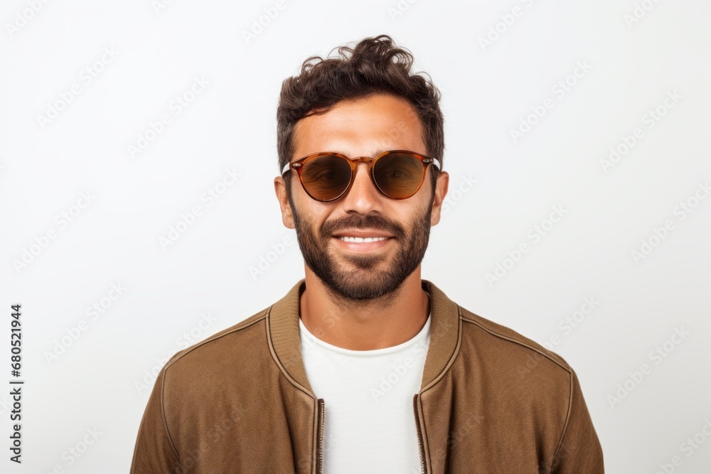 Portrait of a glad man in his 30s wearing a trendy sunglasses against a white background. AI Generation Portrait of a glad man in his 30s wearing a trendy sunglasses against a white background. AI Generation