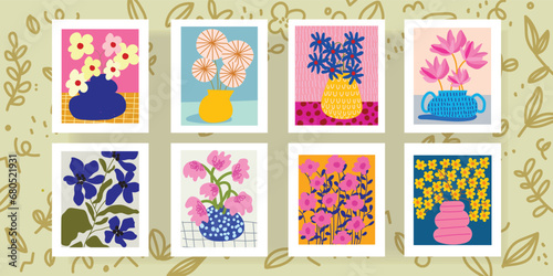 Set of compositions with floral, flowers and leaves abstract vector illustration. Trendy comtemporary design collage in an ecolagical style. Minimalist shapes in pastel color. photo
