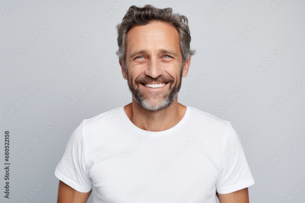 Portrait of a grinning man in his 40s donning a trendy cropped top against a white background. AI Generation