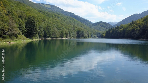 Biogradskoe lake (Aerial shot) is a glacial lake located in the inter-mountain valley of Bjelasica. Kolasin, Biogradska Gora national park. Montenegro (Europe)