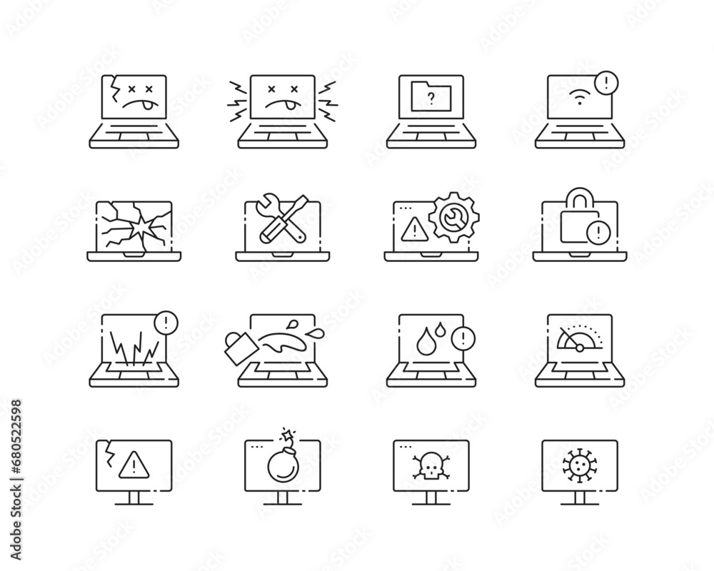 Computer Issues Icon collection containing 16 editable stroke icons. Perfect for logos, stats and infographics. Edit the thickness of the line in Adobe Illustrator (or any vector capable app). - obrazy, fototapety, plakaty 