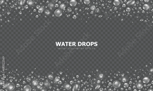 Wallpaper with realistic 3d pure water drops or condensation on surface. Widescreen banner with rain droplets or dew pattern as frame on transparent background. Aqua fresh banner with water texture