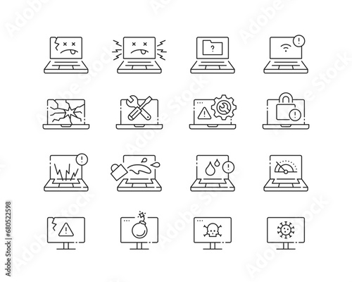 Computer Issues Icon collection containing 16 editable stroke icons. Perfect for logos, stats and infographics. Edit the thickness of the line in Adobe Illustrator (or any vector capable app).
