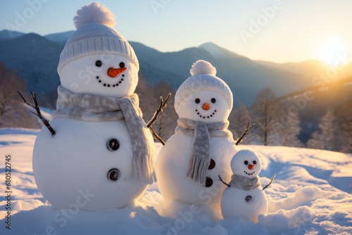 A snowman family two large snowmen and a smaller one in a winter landscape. They are wearing scarves and hats, with a background of snow-covered hills and a clear blue sky photo