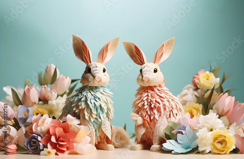 Voluminous paper bunnies on spring background. Easter DIY decor made from eco-friendly and recyclable materials. Copy space.