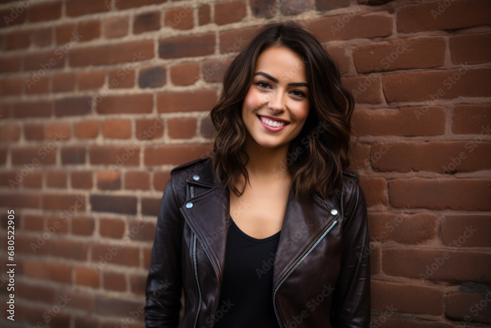 Portrait of a smiling woman in her 30s sporting a stylish leather blazer against a vintage brick wall. AI Generation Portrait of a smiling woman in her 30s sporting a stylish leather blazer against a vintage brick wall. AI Generation