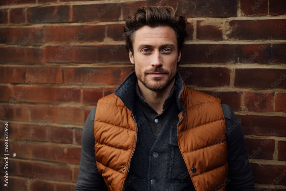 Portrait of a merry man in his 30s dressed in a water-resistant gilet against a vintage brick wall. AI Generation Portrait of a merry man in his 30s dressed in a water-resistant gilet against a vintage brick wall. AI Generation