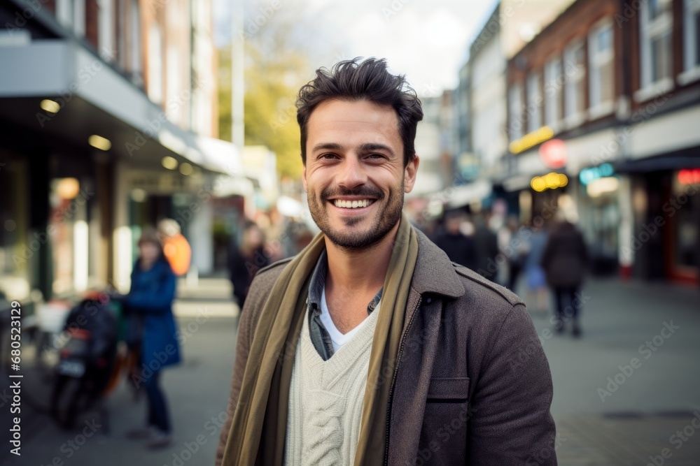 Portrait of a grinning man in his 30s wearing a chic cardigan against a busy urban street. AI Generation