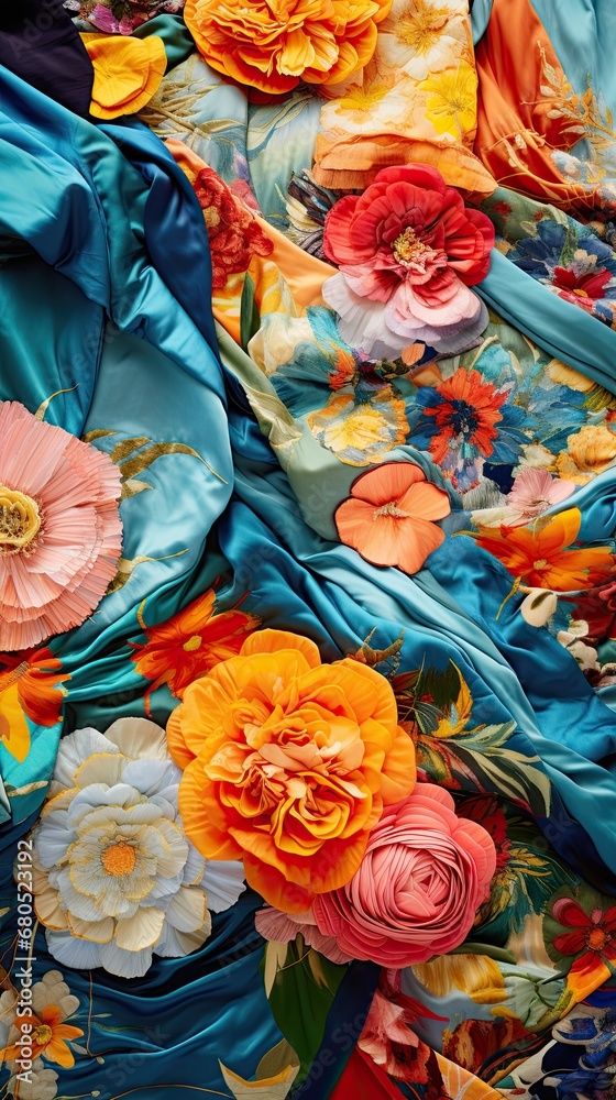 A patchwork of multicolored silk fabrics adorned with a variety of wildflowers. Unique backgrounds graphics vertically oriented. 
