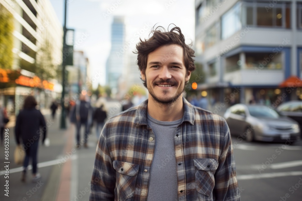 Portrait of a happy man in his 20s dressed in a relaxed flannel shirt against a busy urban street. AI Generation Portrait of a happy man in his 20s dressed in a relaxed flannel shirt against a busy urban street. AI Generation