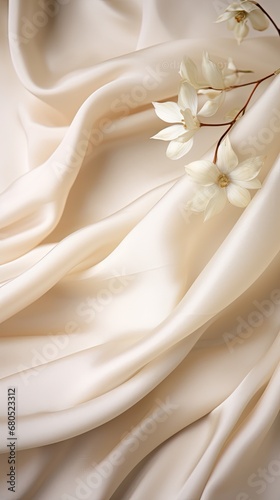 Soft beige silk creating a neutral canvas embellished with minimalist white floral designs. Vertically oriented. 