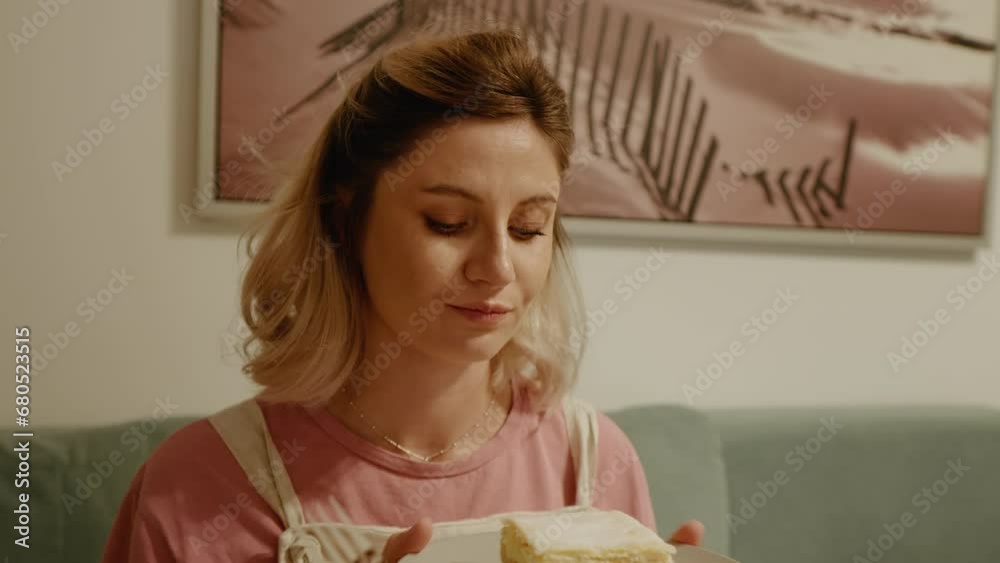 Happy pregnant woman eating sweet cake. Harmful food during pregnancy. Pregnant Female enjoying sweet dessert cake in the living room. Happy pregnant woman eating sweet cake. Harmful food during pregnancy. Pregnant Female enjoying sweet dessert cake in the living room.