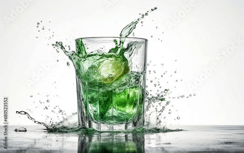 Cocktail splash with ice cubes and lime in a shot glass on a white background.