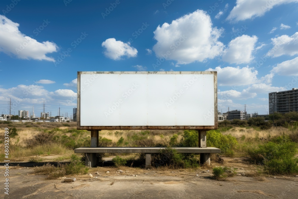Billboard in the dry field with an empty white space for text on a background of mountains and sky Billboard in the dry field with an empty white space for text on a background of mountains and sky