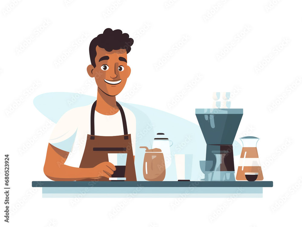 2D cartoon style illustration of a barista working to brew coffee. 2D cartoon style illustration of a barista working to brew coffee.