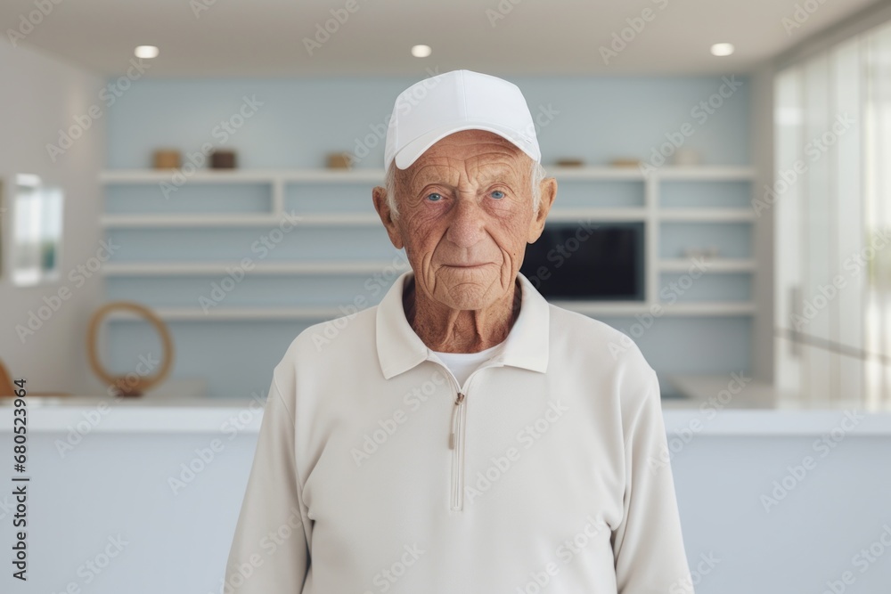 Portrait of a glad man in his 80s wearing a breathable golf polo against a modern minimalist interior. AI Generation Portrait of a glad man in his 80s wearing a breathable golf polo against a modern minimalist interior. AI Generation
