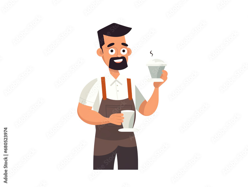 2D cartoon style illustration of a barista working to brew coffee.
