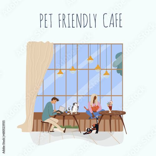 Vector illustration, cartoon cat cafe characters, animal friendly cat, small business graphic, customer and barista. Modern flat vector. 
People eat and talk together with a dog and a cat in a cafe. 