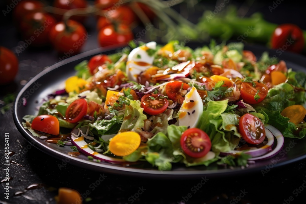 Healthy delicious vegetable salad on dark background.