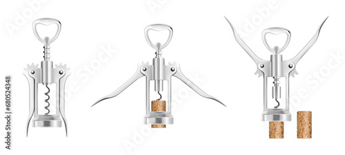 Set of Wine Bottle Opener, isolated on a white background. Сorkscrew for alcohol drink bottle. Wooden cork opener stainless tool with twirling unlock gear. Realistic 3d vector illustration photo