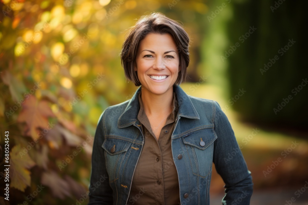 Portrait of a smiling woman in her 40s wearing a rugged jean vest against a background of autumn leaves. AI Generation Portrait of a smiling woman in her 40s wearing a rugged jean vest against a background of autumn leaves. AI Generation