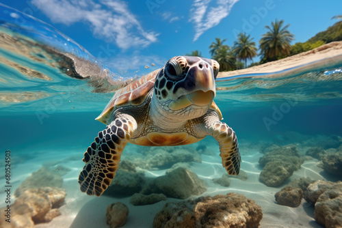 Little turtles swim underwater sea.