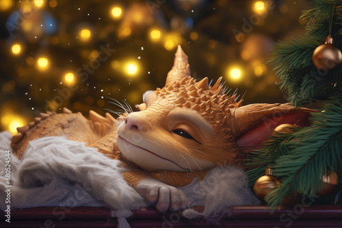 A fairytale dragon sleeps near a Christmas fir tree against a background of blurred lights. Beautiful bright illustration with space for copy, advertising and text, symbol of the year dragon 2024