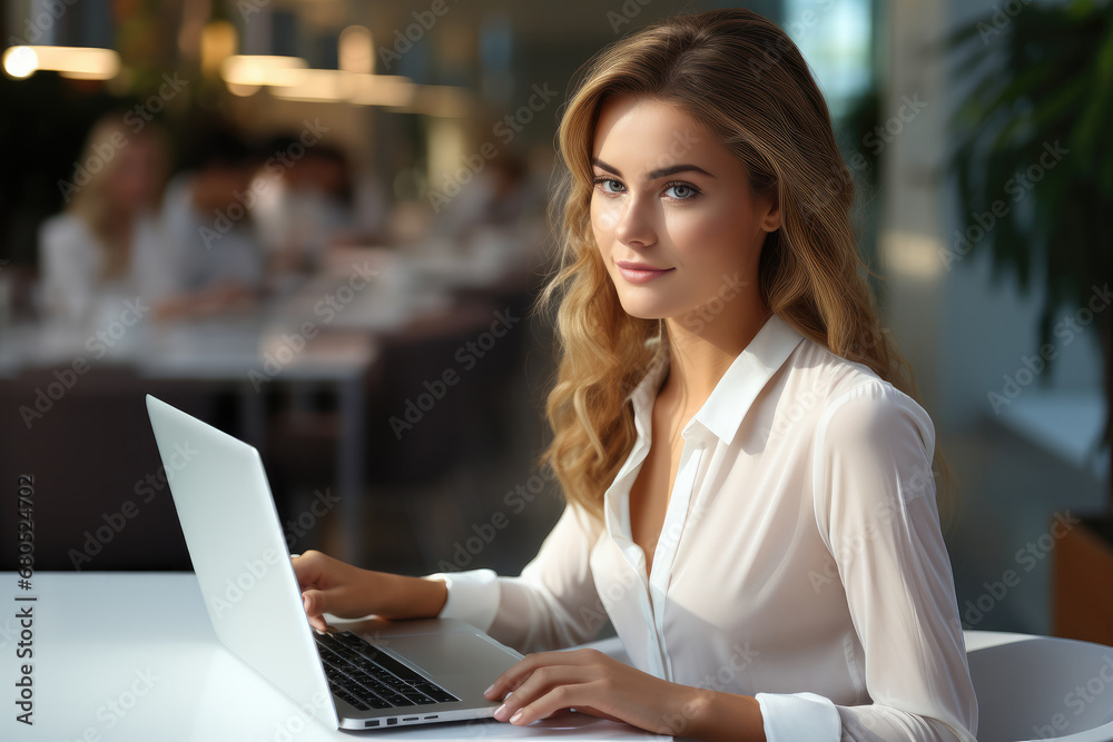 Woman in white shirt typing at laptop on the table in a modern office. Woman in white shirt typing at laptop on the table in a modern office.