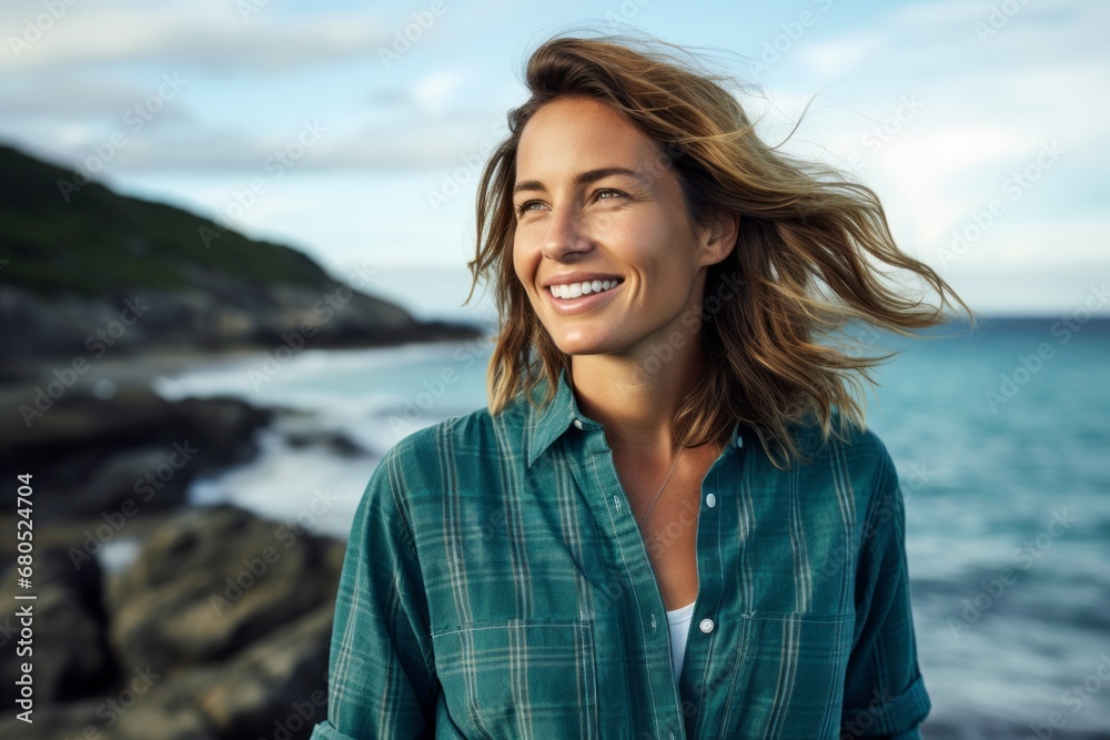 Portrait of a satisfied woman in her 30s dressed in a relaxed flannel shirt against a stunning ocean reef. AI Generation Portrait of a satisfied woman in her 30s dressed in a relaxed flannel shirt against a stunning ocean reef. AI Generation