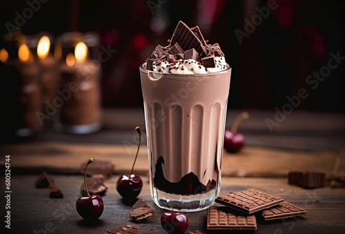 Delicious cherry chocolate milkshake (black forest) on a blurred background. Garnished with chocolate shavings and whipped cream on top. Selective focus. Horizontal close-up front view. photo