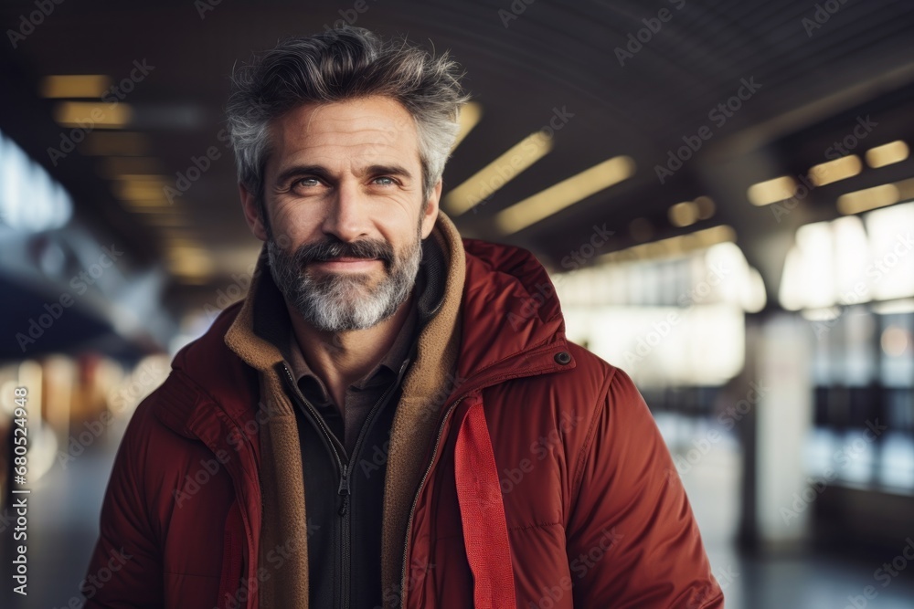 Portrait of a jovial man in his 50s sporting a stylish varsity jacket against a busy airport terminal. AI Generation