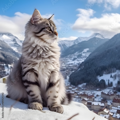 Cute cat in the Alps. Generative AI