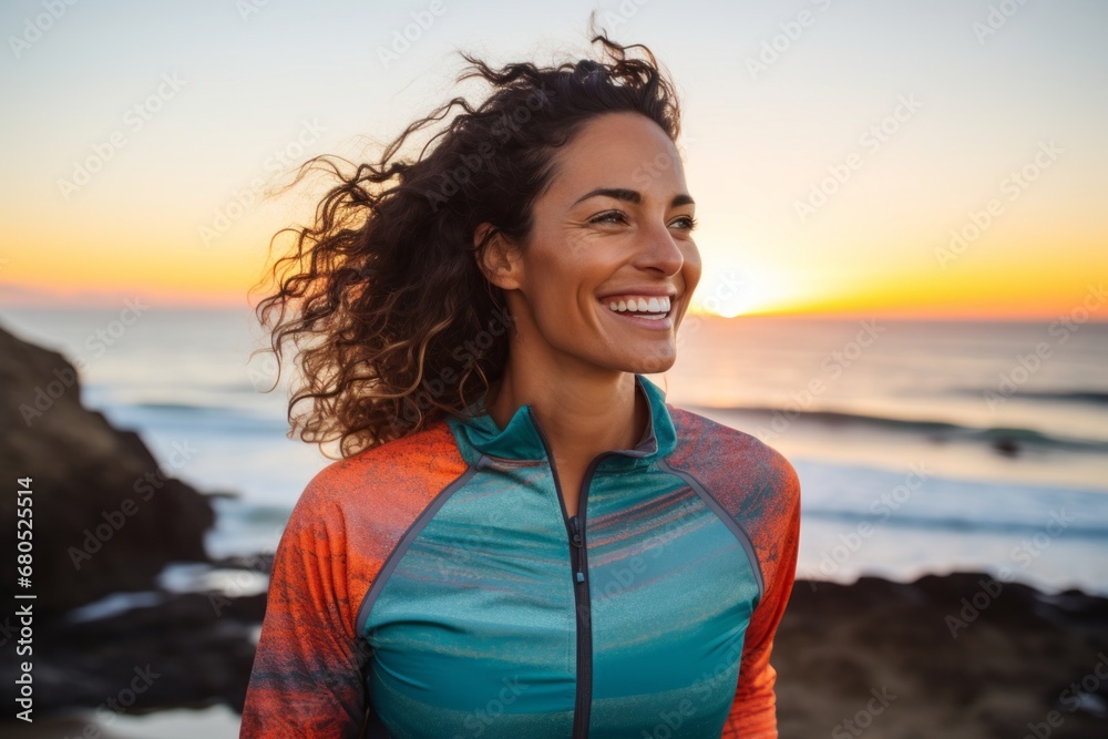 Portrait of a cheerful woman in her 30s sporting a breathable mesh jersey against a beautiful beach sunset. AI Generation Portrait of a cheerful woman in her 30s sporting a breathable mesh jersey against a beautiful beach sunset. AI Generation