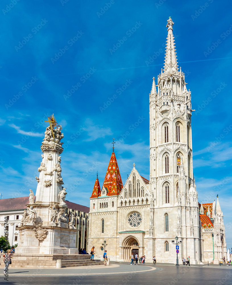 Matthias church in Fisherman bastion and Holy Trinity column, Budapest, Hungary