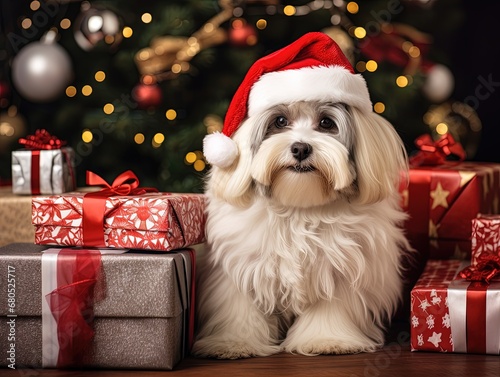 Dog dressed as Santa Claus.