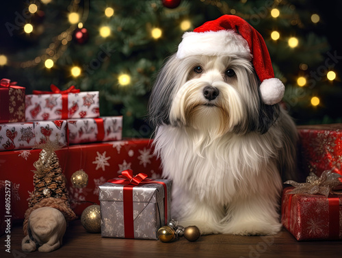 Dog dressed as Santa Claus.