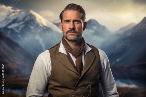 Portrait of a content man in his 40s dressed in a polished vest against a backdrop of mountain peaks. AI Generation