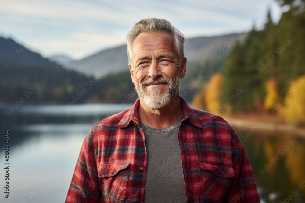 Portrait of a merry man in his 60s wearing a comfy flannel shirt against a serene lakeside view. AI Generation Portrait of a merry man in his 60s wearing a comfy flannel shirt against a serene lakeside view. AI Generation
