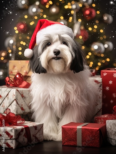 Dog dressed as Santa Claus.