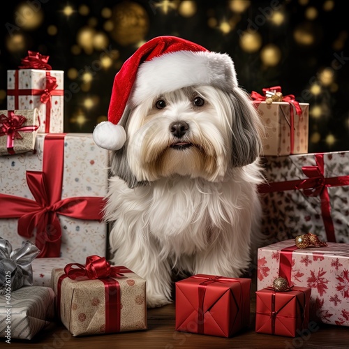 Dog dressed as Santa Claus.